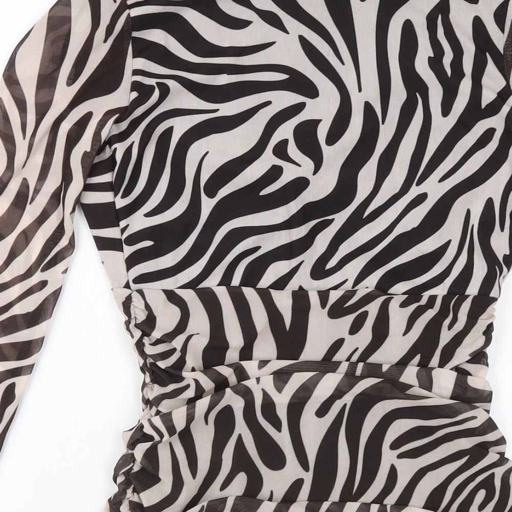 Pink Vanilla Womens Black Animal Print Polyester Bodycon Size 6 V-Neck Pullover - Zebra Print