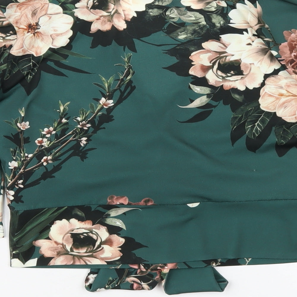 New Look Womens Green Floral Polyester Cropped T-Shirt Size 8 V-Neck