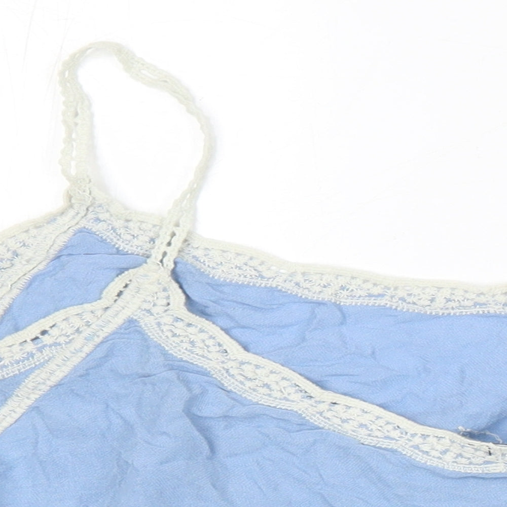 New Look Womens Blue Herringbone Viscose Tunic Blouse Size L Boat Neck