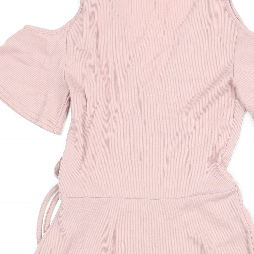 New Look Womens Pink Polyester Wrap Dress Size 8 Round Neck Tie - Cold Shoulder