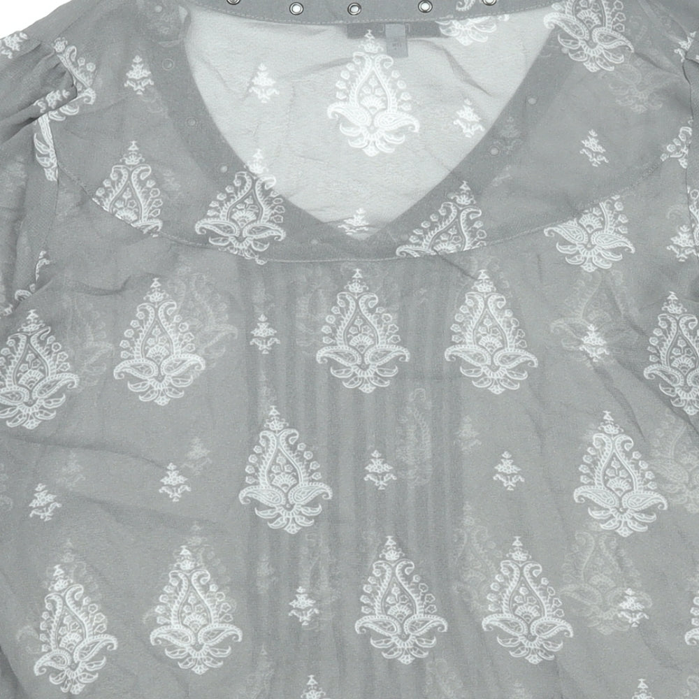 NEXT Womens Grey Geometric Polyester Basic Blouse Size 8 V-Neck - Eyelet Detail Semi Sheer