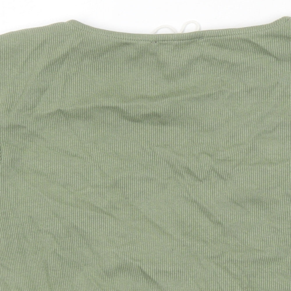 Zara Womens Green Herringbone Cotton Cropped T-Shirt Size M V-Neck