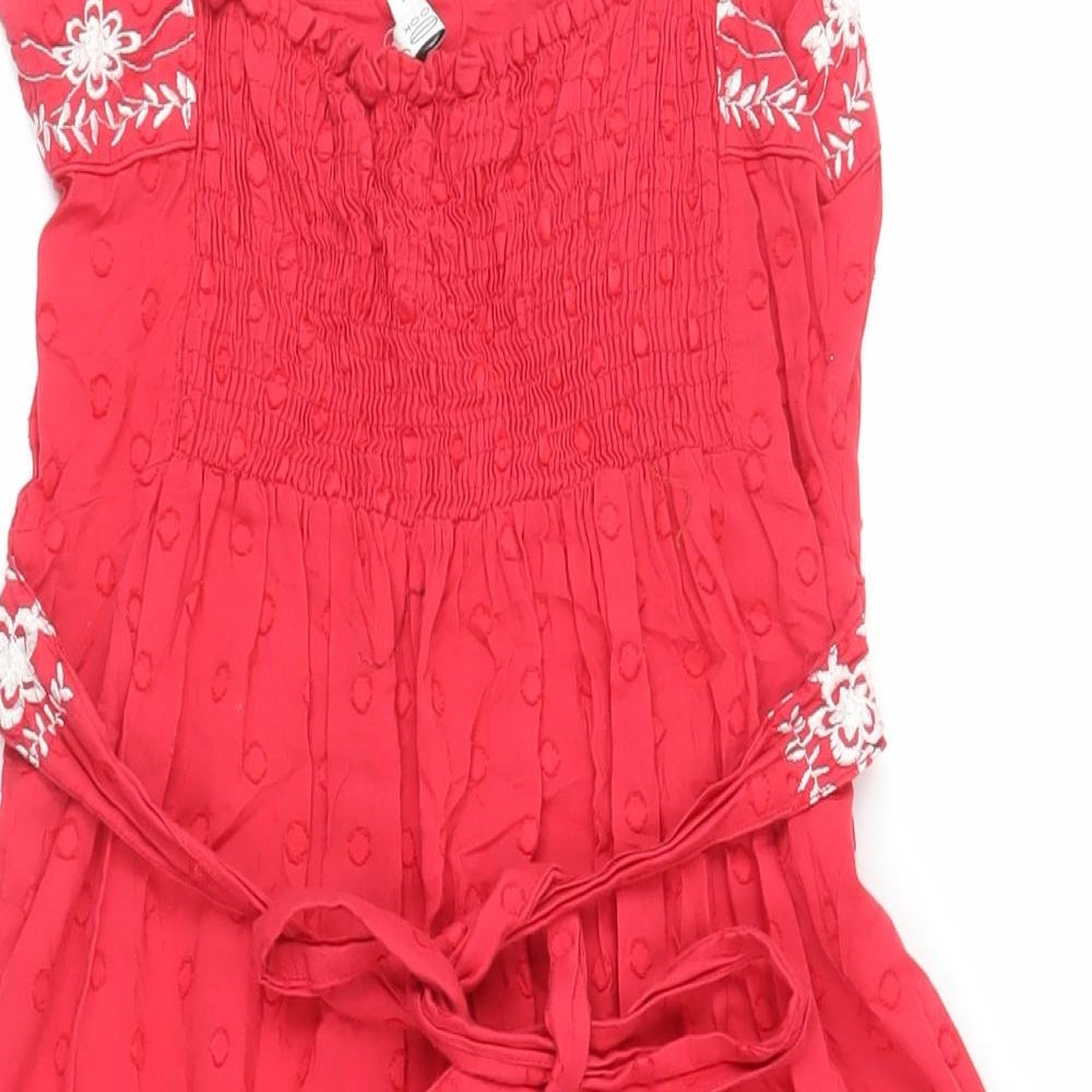 New Look Womens Red Floral Cotton Tank Dress Size 6 Square Neck - Embroidered