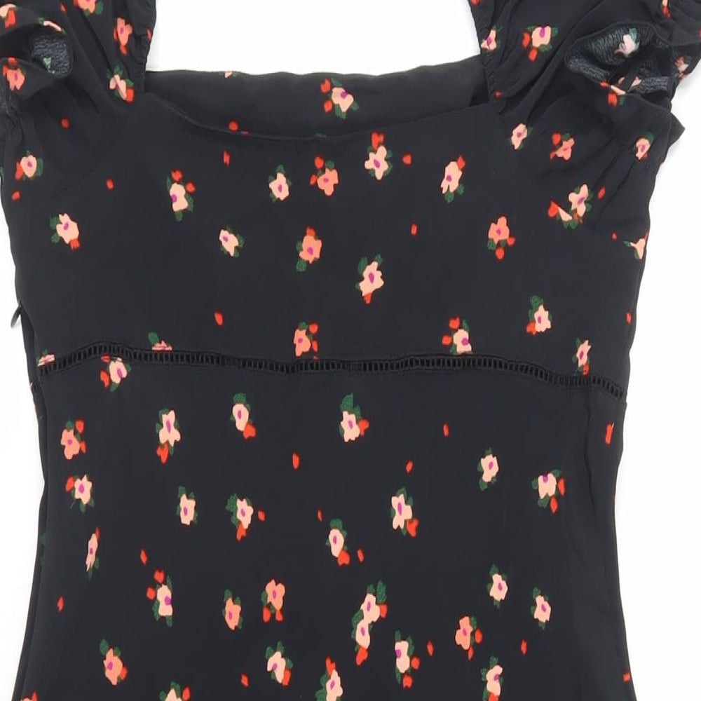 Topshop Womens Black Floral Polyester Mini Size 8 Square Neck Zip