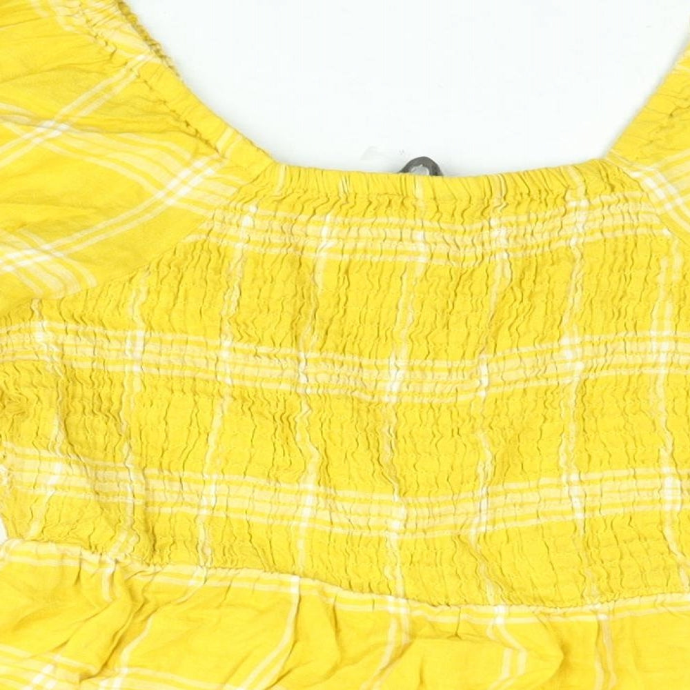 Marks & Spencer Womens Yellow Check Linen Basic Blouse Size 14 Square Neck - Rouched