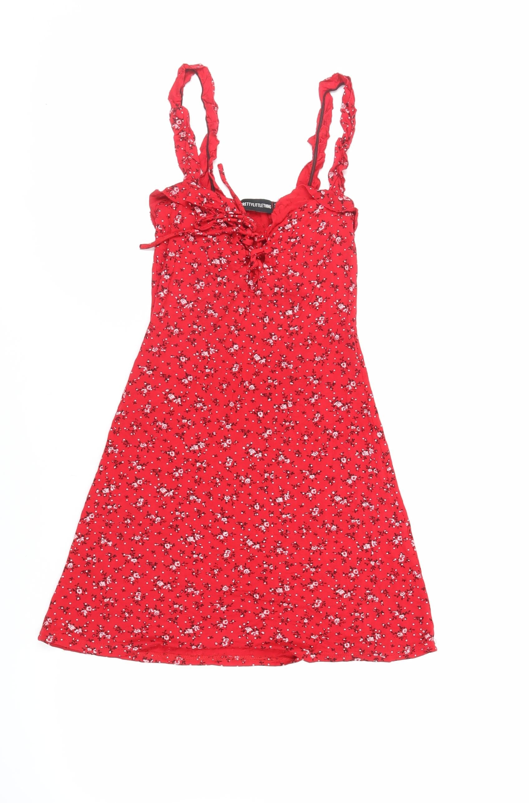 pretty little thing red floral dress Women's Red Sheer Knit Flower Embellished Dress