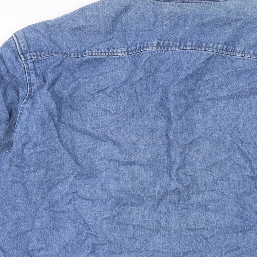 Brand and care label for ASOS women’s blue cotton basic button-up, size S, collared