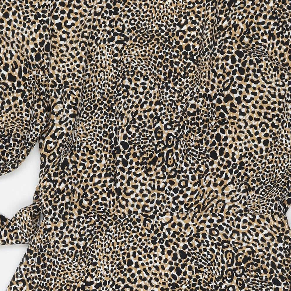 Topshop Womens Brown Animal Print Polyester Wrap Dress Size 12 V-Neck Tie