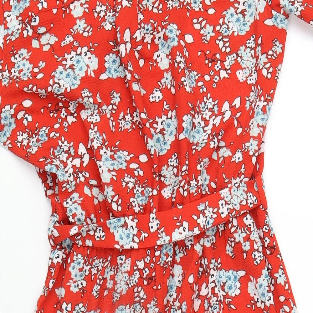 Monteau Womens Red Floral Polyester A-Line Size S V-Neck Button