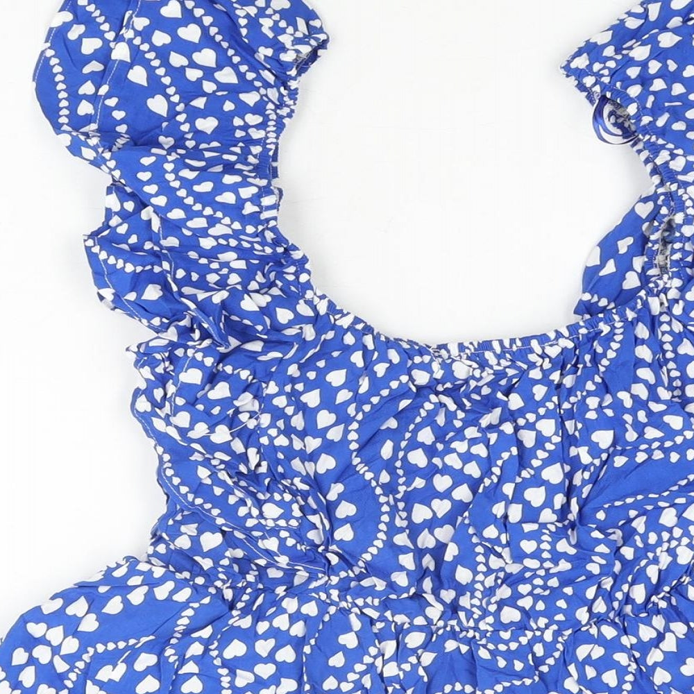Very Womens Blue Geometric Viscose Basic T-Shirt Size 12 Scoop Neck - Heart Print, Frill Detail