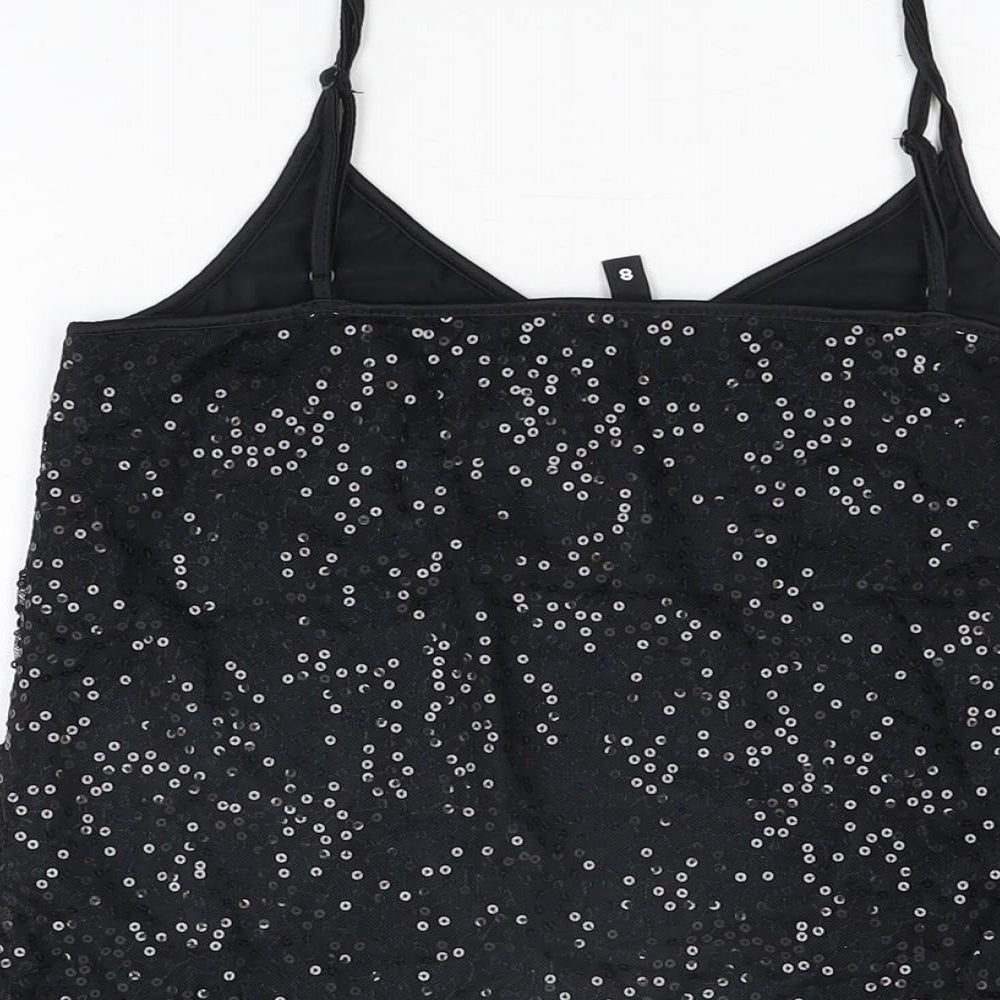 H&M Womens Black Polyamide Basic T-Shirt Size 8 V-Neck - Sequins