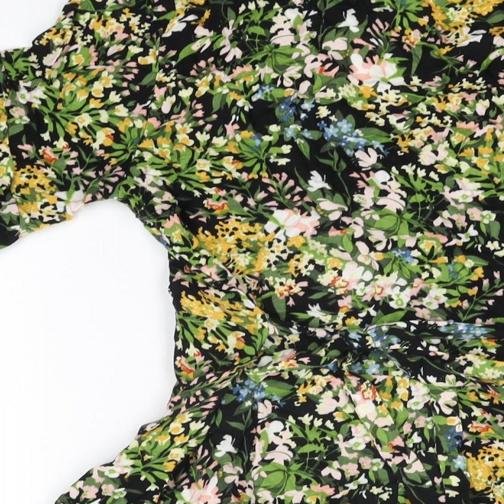 Warehouse Womens Black Floral Viscose Skater Dress Size 12 V-Neck Pullover