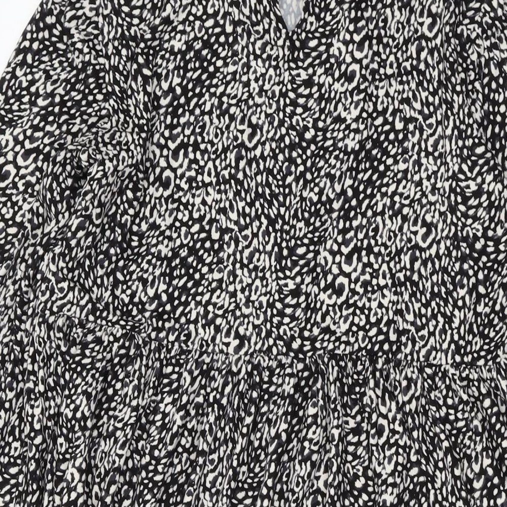 New Look Womens Black Animal Print Polyester A-Line Size 6 Mock Neck Button