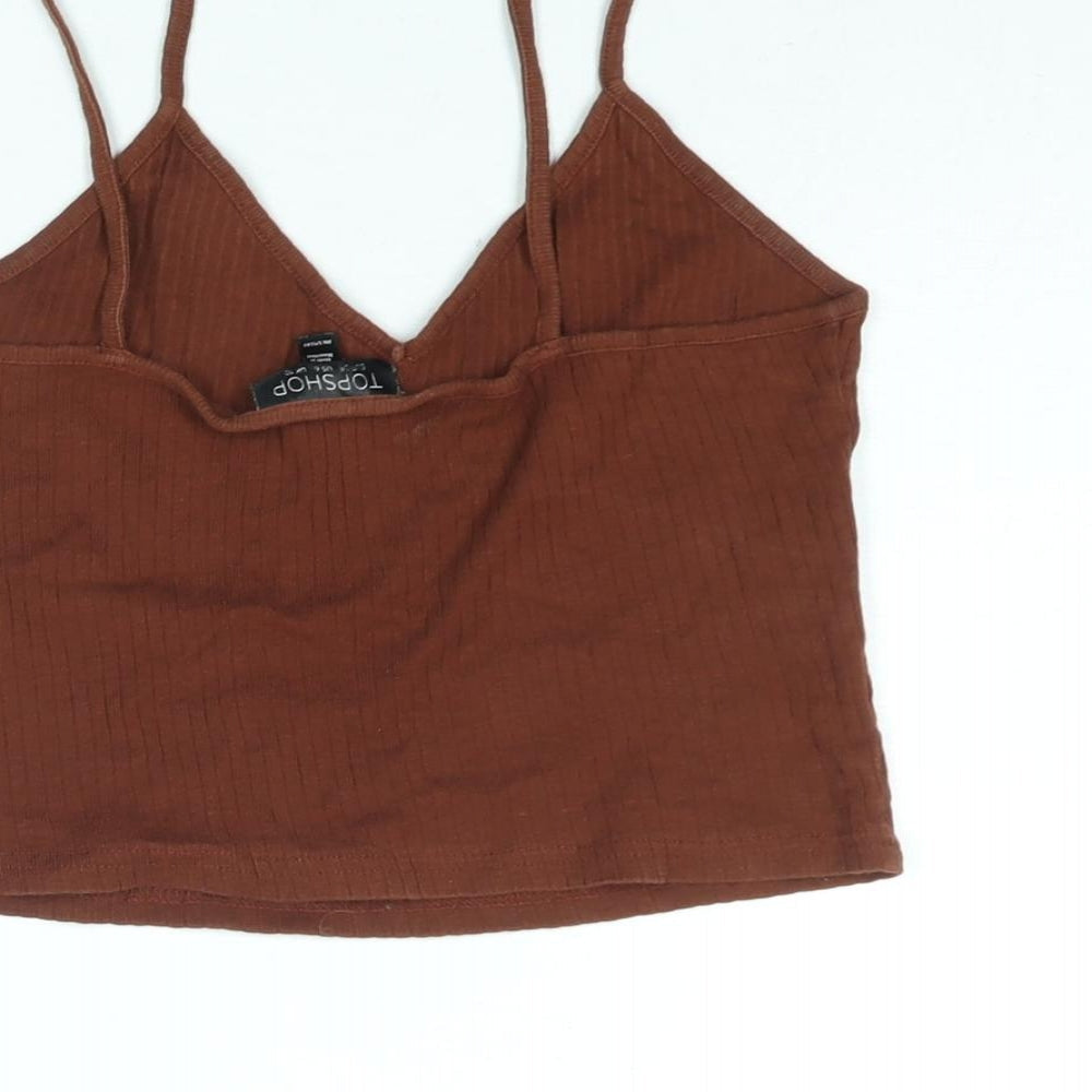Topshop Womens Brown Cotton Cropped Tank Size 10 V-Neck - Ribbed