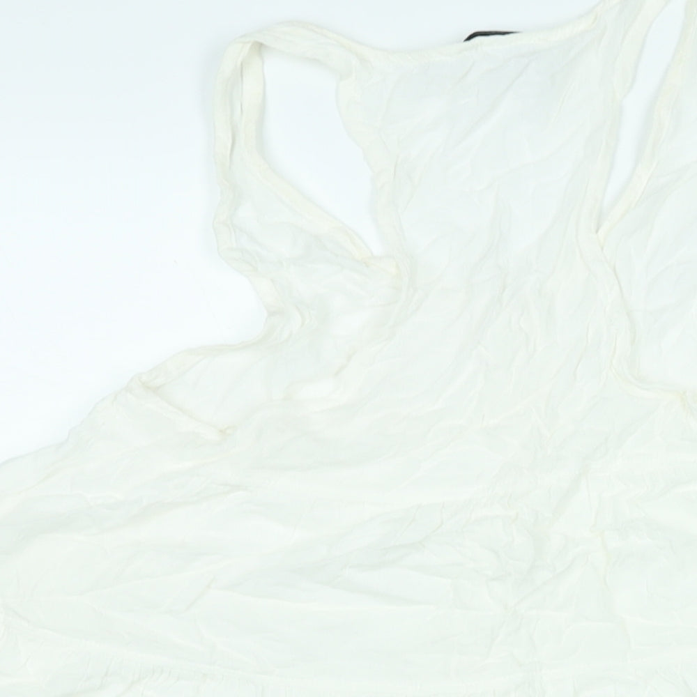 Topshop Womens White Viscose Mini Size 8 Scoop Neck Button - Smocked Flare