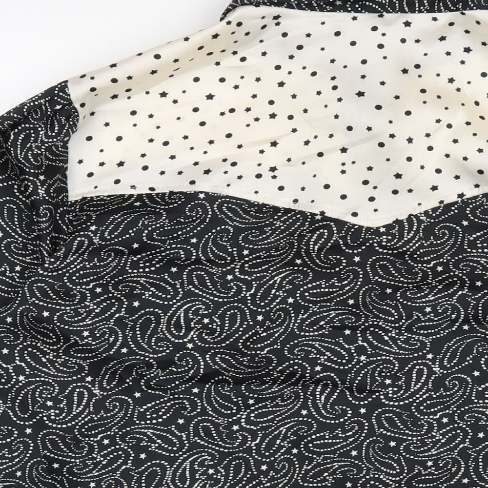 Topshop Womens Black Geometric Polyester Basic Button-Up Size 10 Collared