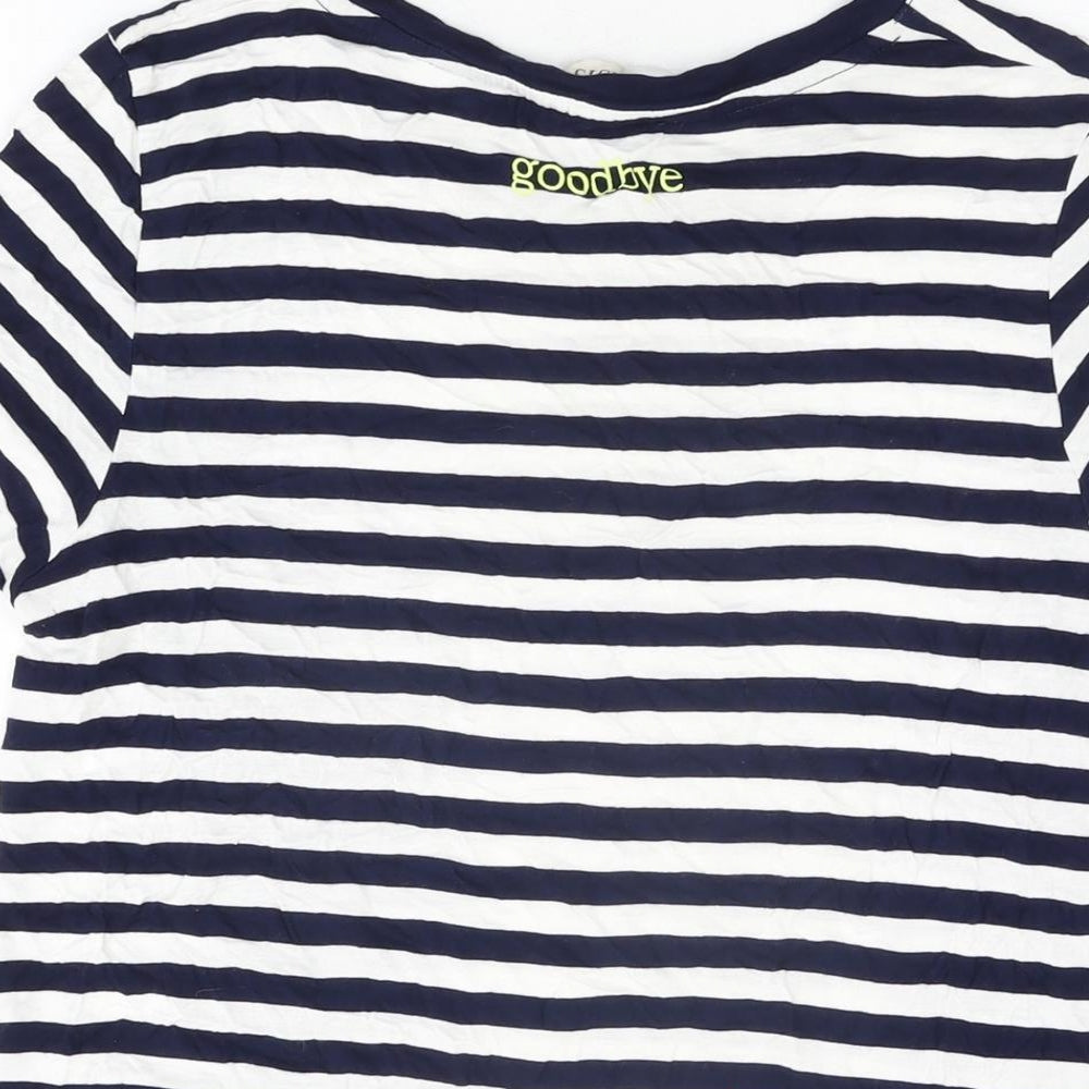 Oasis Womens White Striped Viscose Basic T-Shirt Size M Round Neck - Hello