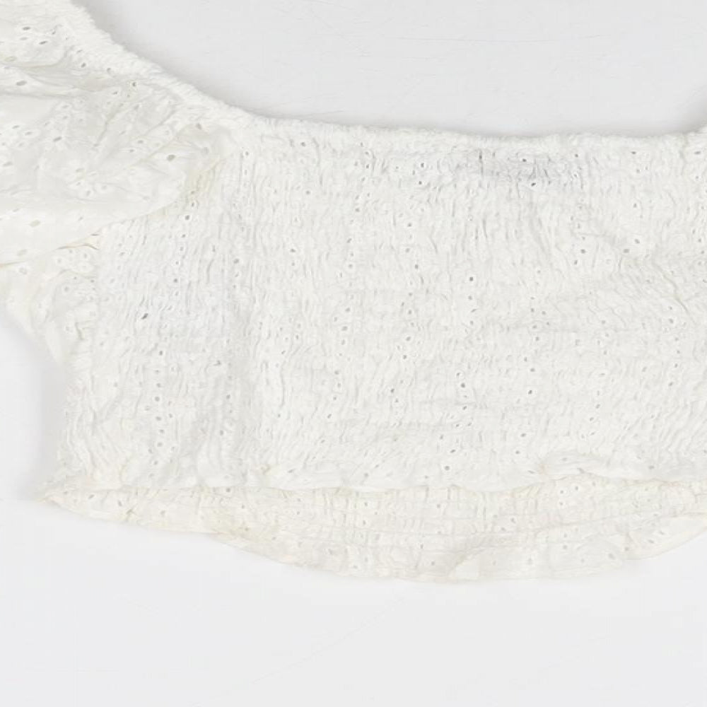 Zara Womens White Floral Cotton Cropped Blouse Size XS Sweetheart