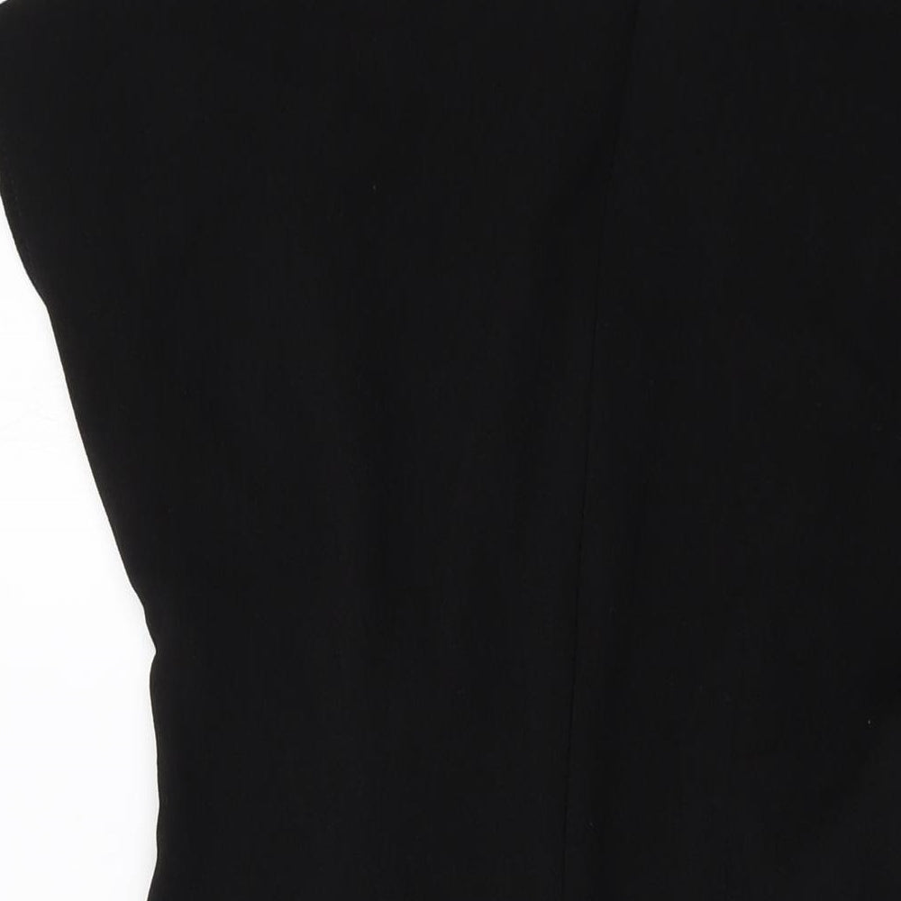 Brand and care label for ASOS women’s black polyester a-line, size UK 12, round neck zip