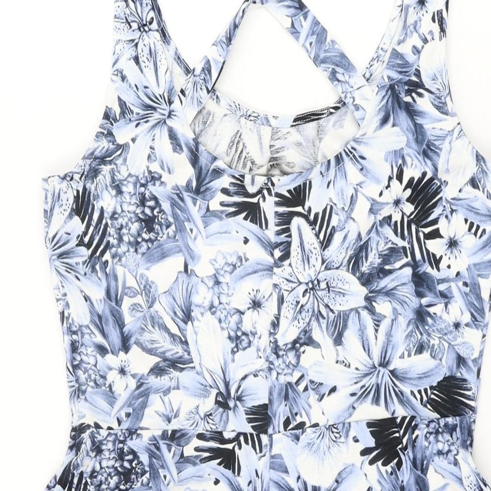 H&M Womens Blue Floral Polyester Skater Dress Size S Round Neck Pullover