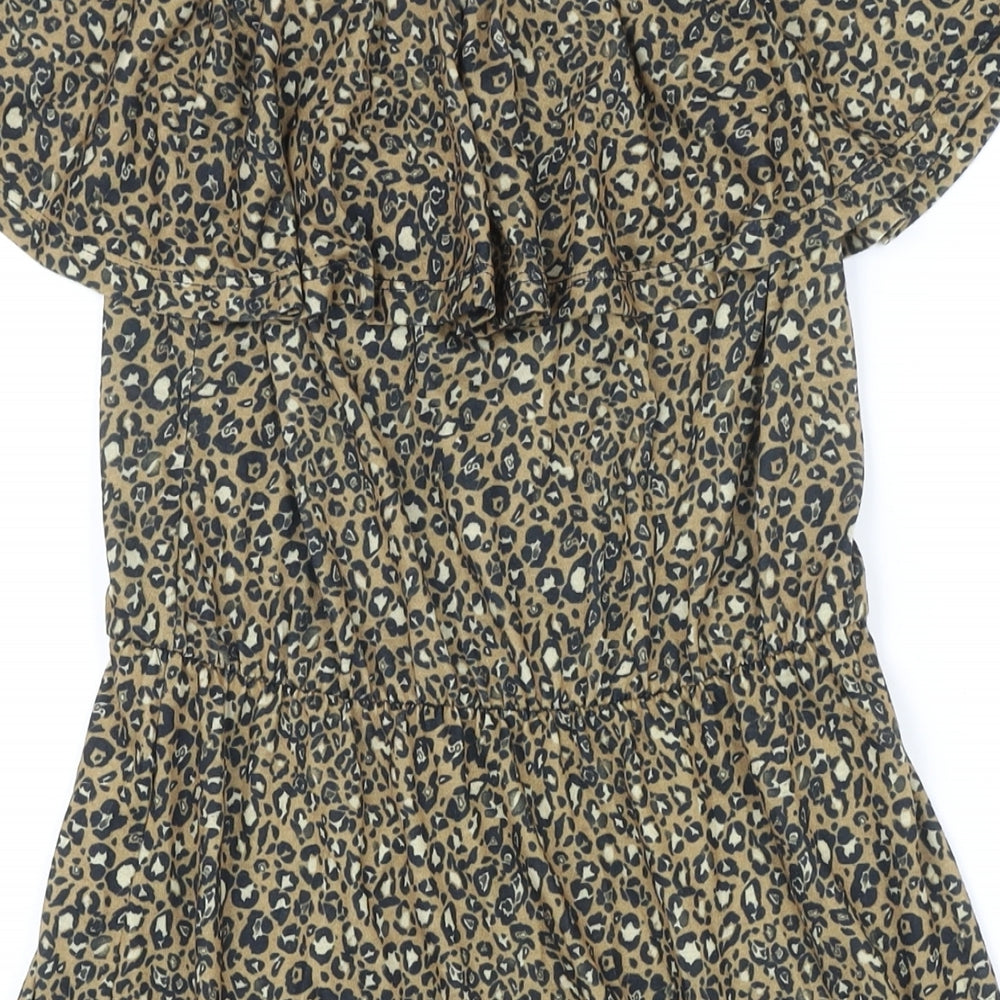 ASOS Womens Brown Animal Print Polyester A-Line Size 8 Off the Shoulder