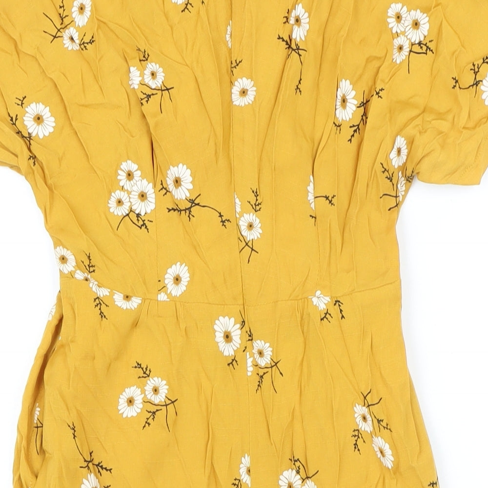 lep Womens Yellow Floral Polyester Blend Mini Size S V-Neck Zip
