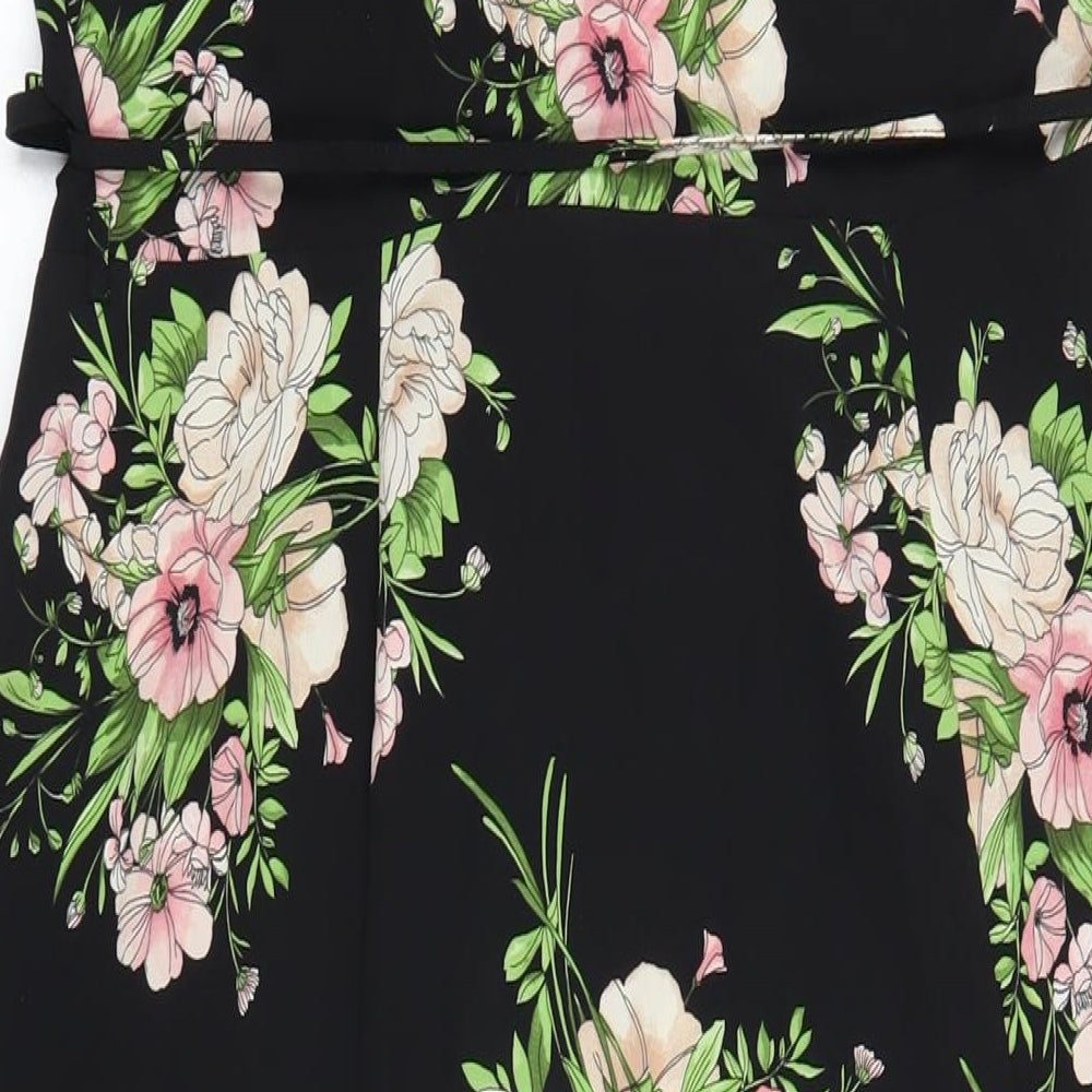Topshop Womens Black Floral Polyester Wrap Dress Size 14 V-Neck Tie