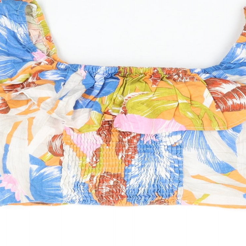 Zara Womens Multicoloured Floral Linen Cropped T-Shirt Size L Off the Shoulder - Frill Detail