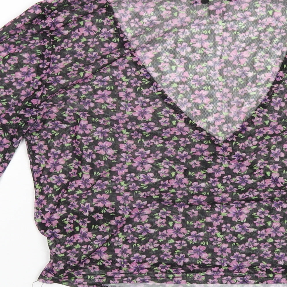 Topshop Womens Black Floral Polyester Basic T-Shirt Size 12 V-Neck