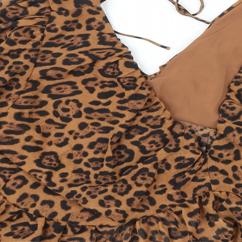 H&M Womens Brown Animal Print Polyester Blend Tunic Blouse Size XL V-Neck