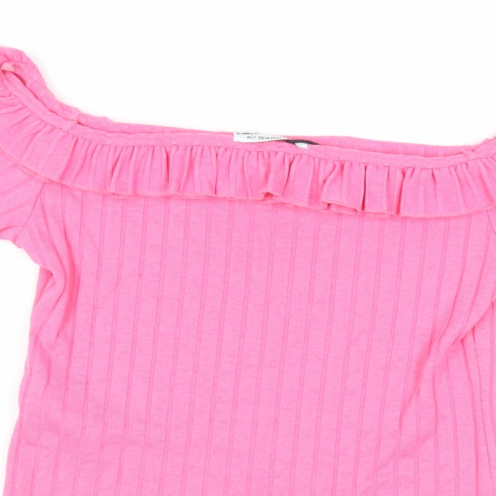 Zara Womens Pink Polyester Basic T-Shirt Size S Off the Shoulder - Ruffle
