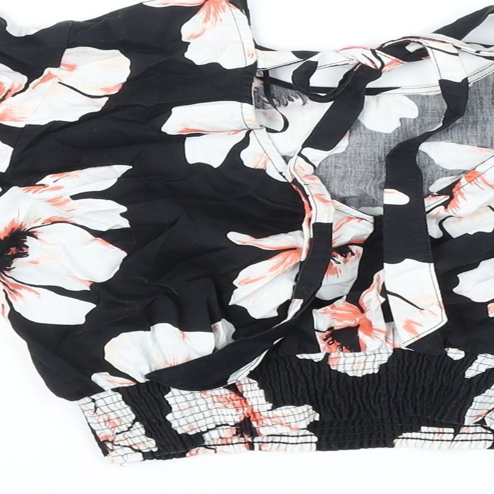 River Island Womens Black Floral 100% Cotton Cropped Blouse Size 8 Scoop Neck