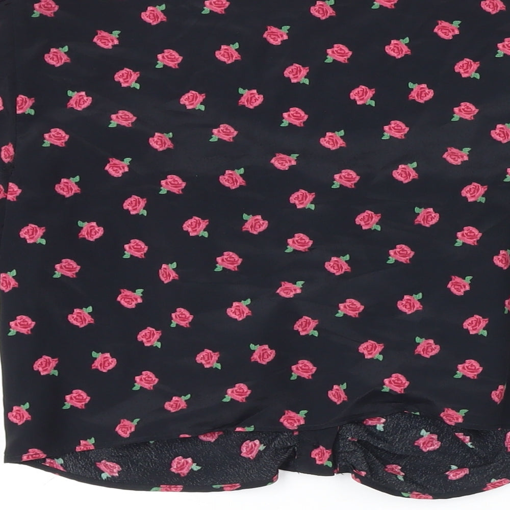 Topshop Womens Black Floral Viscose Cropped Blouse Size 10 Round Neck