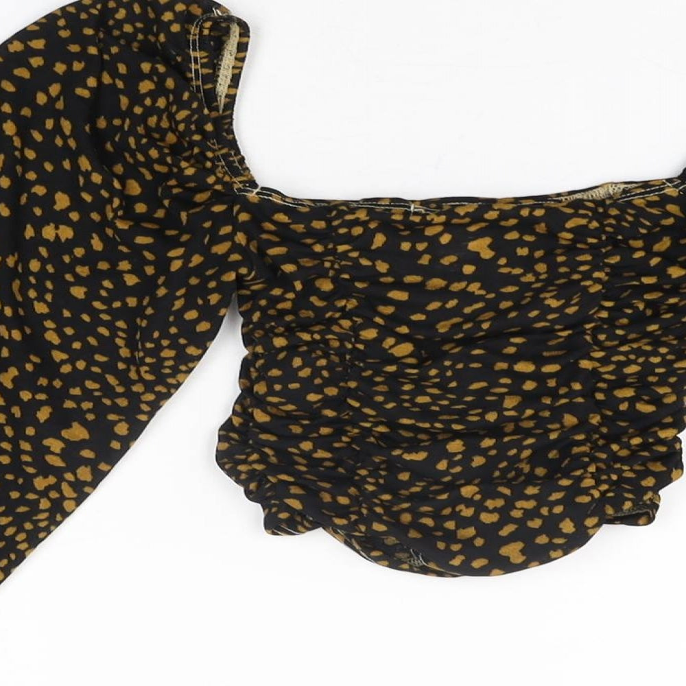 Topshop Womens Black Geometric Polyester Cropped T-Shirt Size 6 Square Neck - Balloon Sleeves