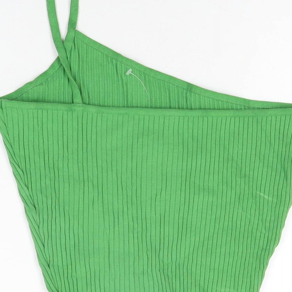 Zara Womens Green Cotton Cropped T-Shirt Size M One Shoulder