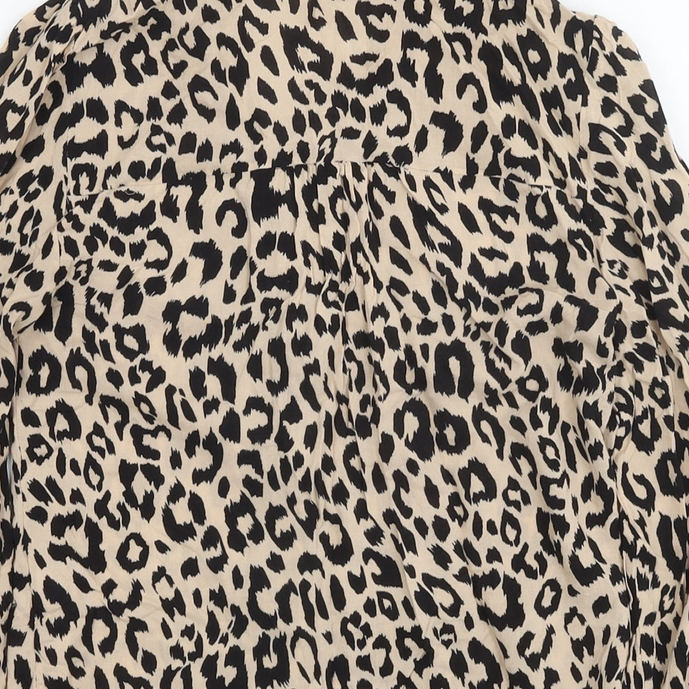 Oasis Womens Beige Animal Print Viscose Basic Button-Up Size 8 Collared - Leopard Print
