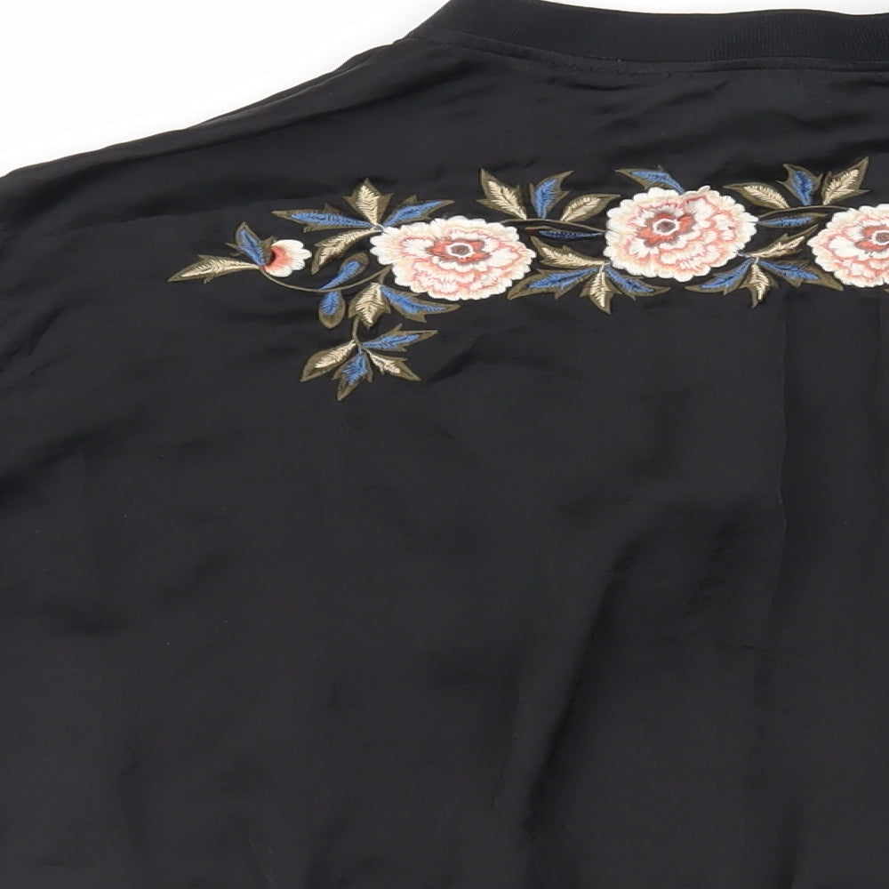 Zara Womens Black Viscose Basic Blouse Size S Mock Neck - Embroidered Detail