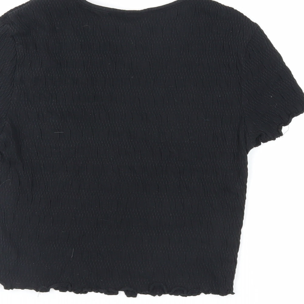 H&M Womens Black Cotton Cropped T-Shirt Size S Crew Neck - Textured