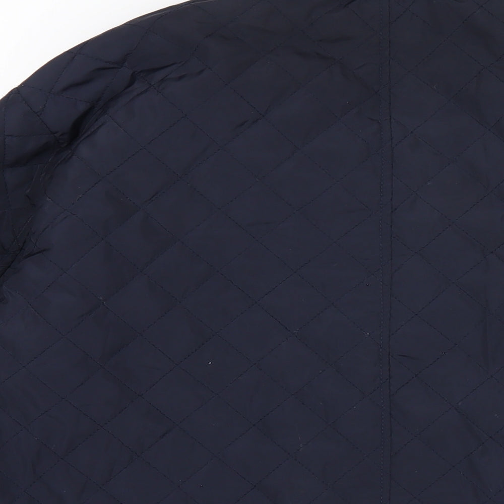 Brand and care label for BDG men’s blue quilted coat, size M, button
