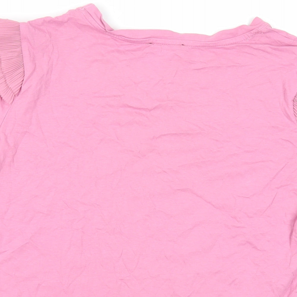 Zara Womens Pink Cotton Basic T-Shirt Size M Crew Neck - Ruffle Detail