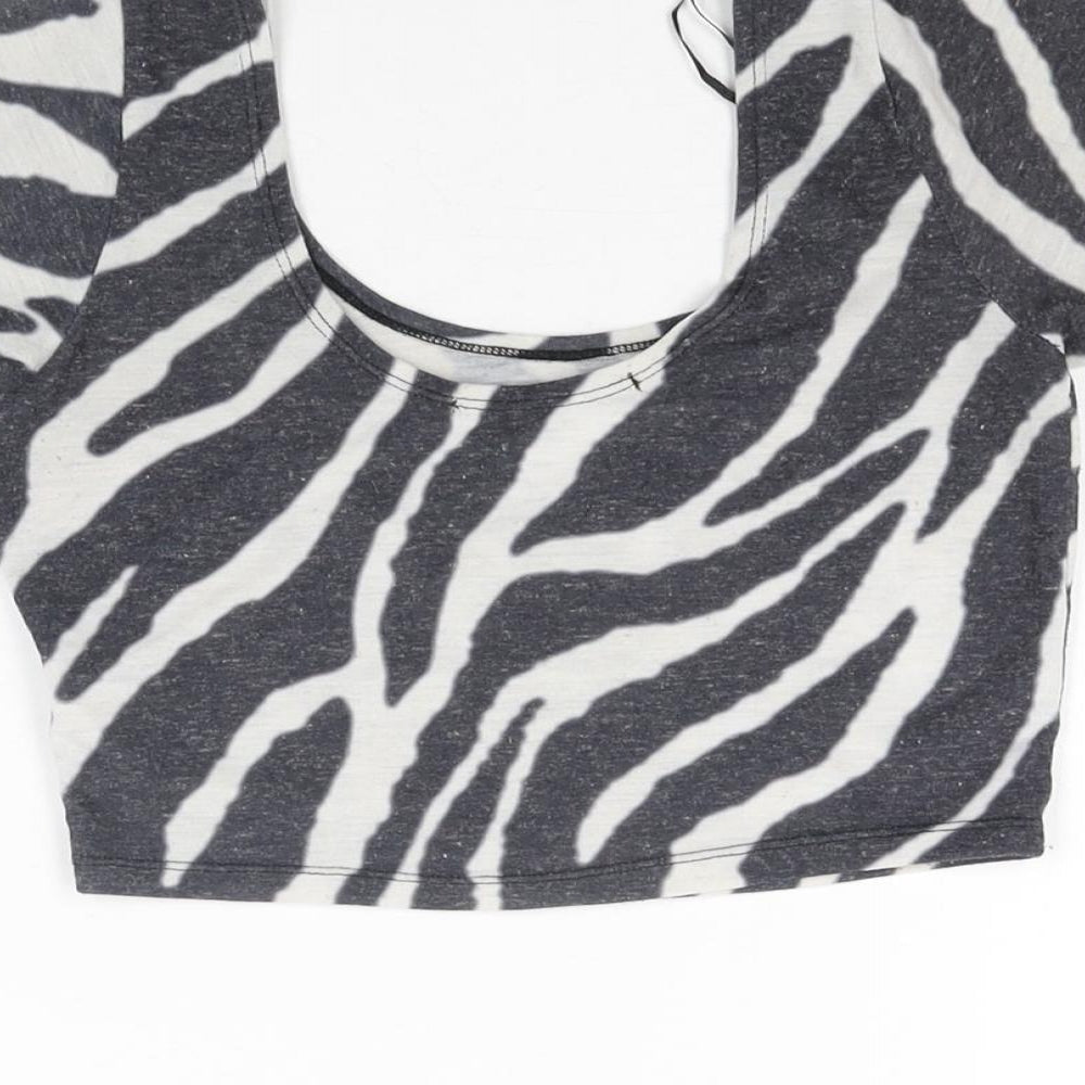 River Island Womens Black Animal Print Polyester Cropped T-Shirt Size 6 Round Neck