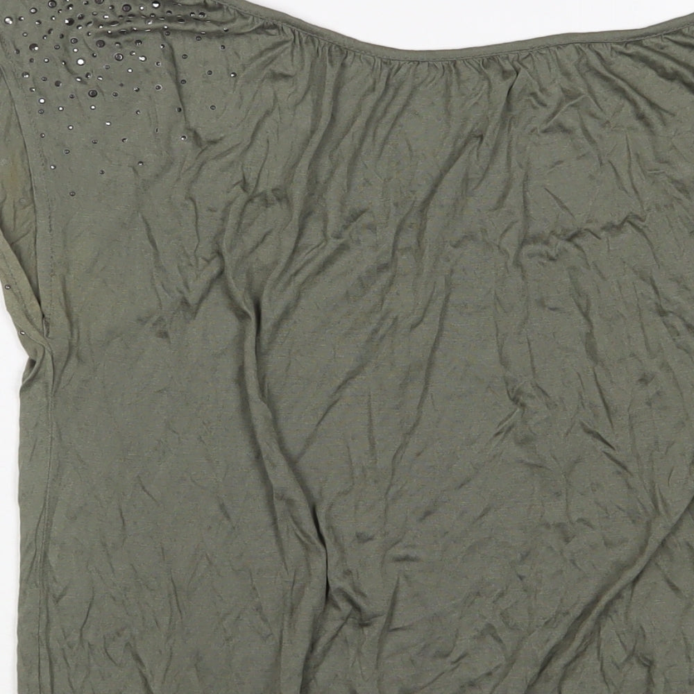 H&M Womens Green Viscose Basic T-Shirt Size S Scoop Neck - Studded