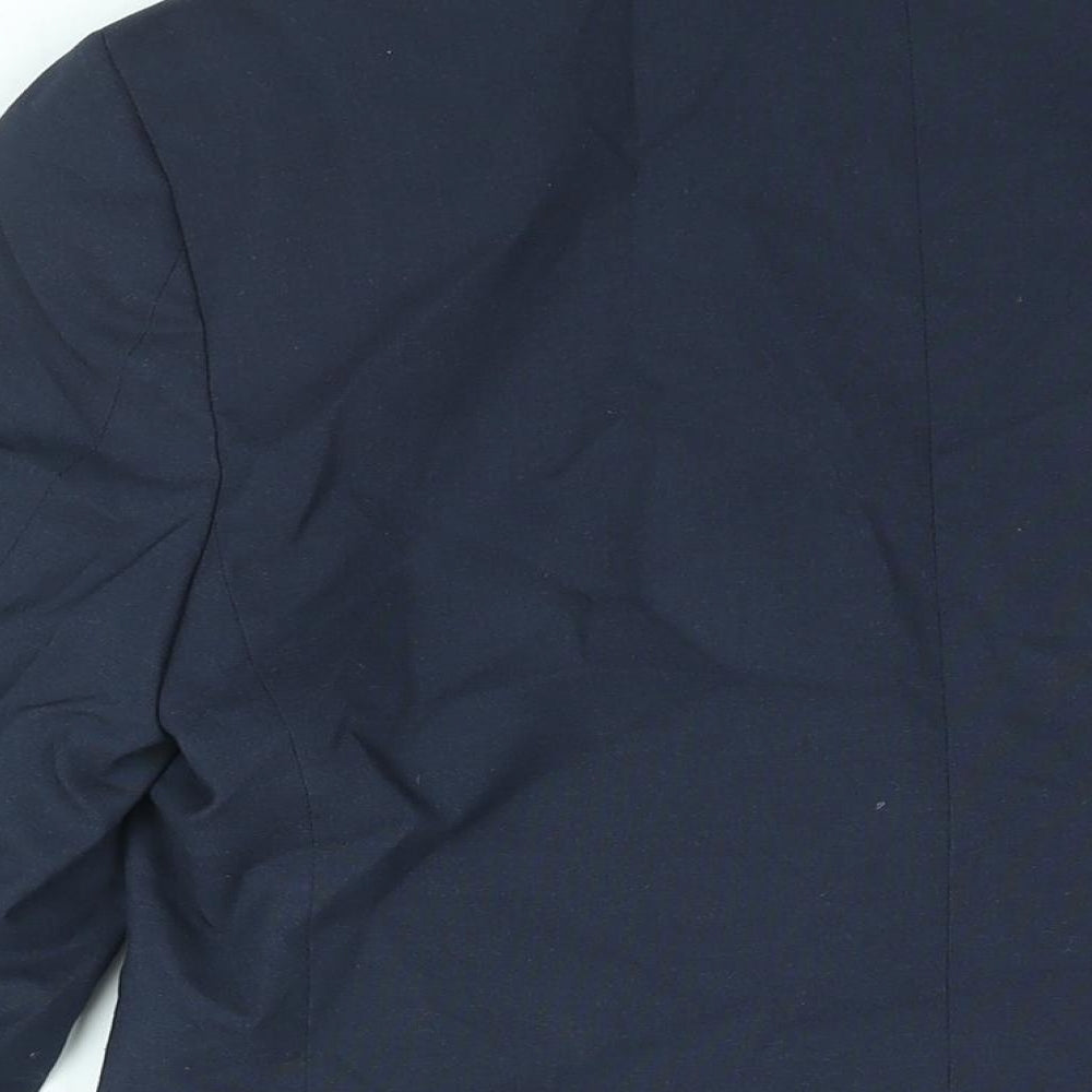 Brand and care label for ASOS men’s blue polyester jacket suit jacket, size 36, regular