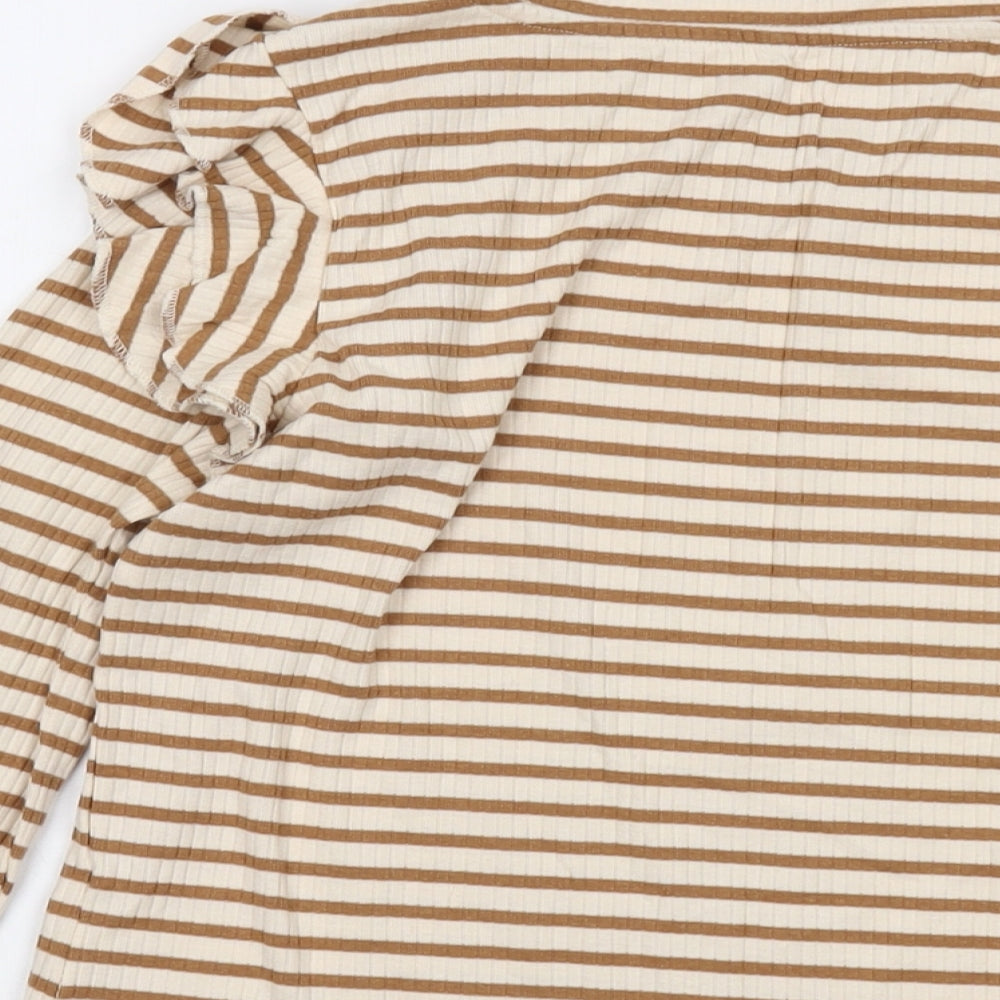 JDY Womens Beige Striped Cotton Basic Blouse Size L Crew Neck
