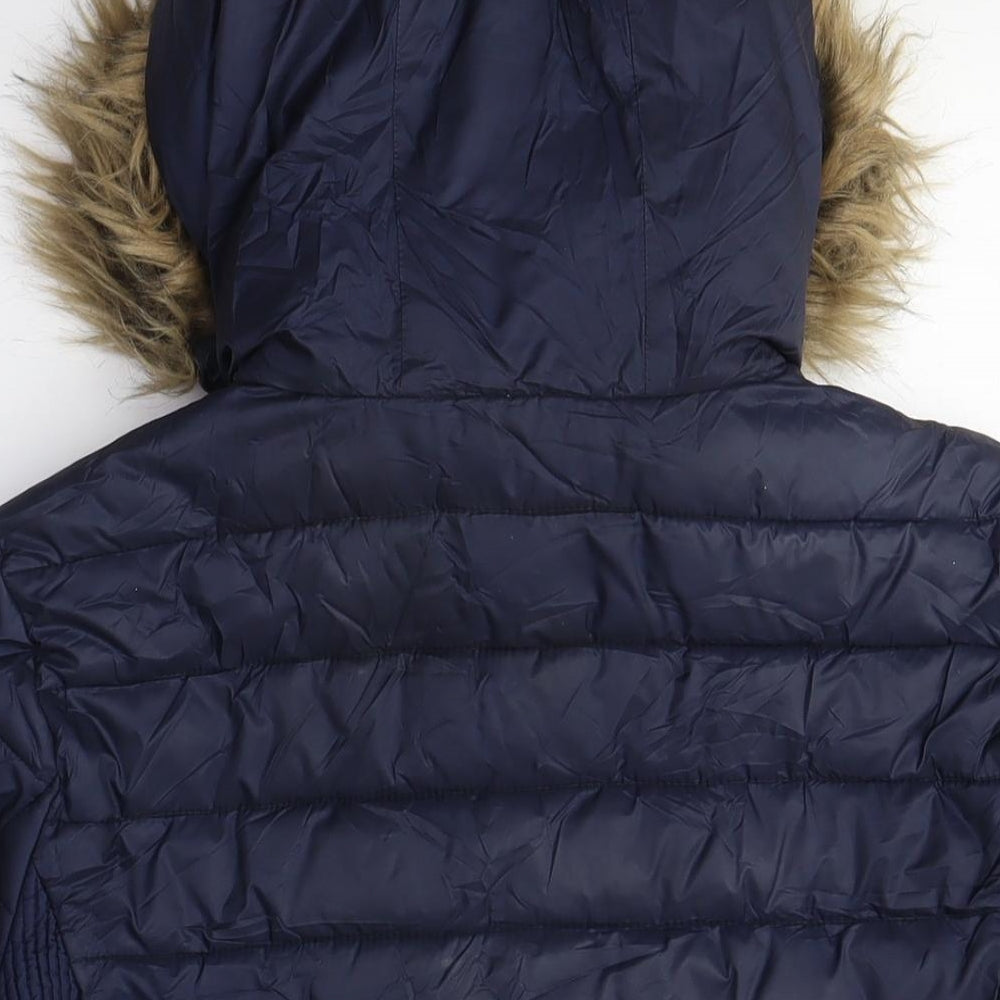 Women's Blue Puffer Jacket with Fur Hood - Medium