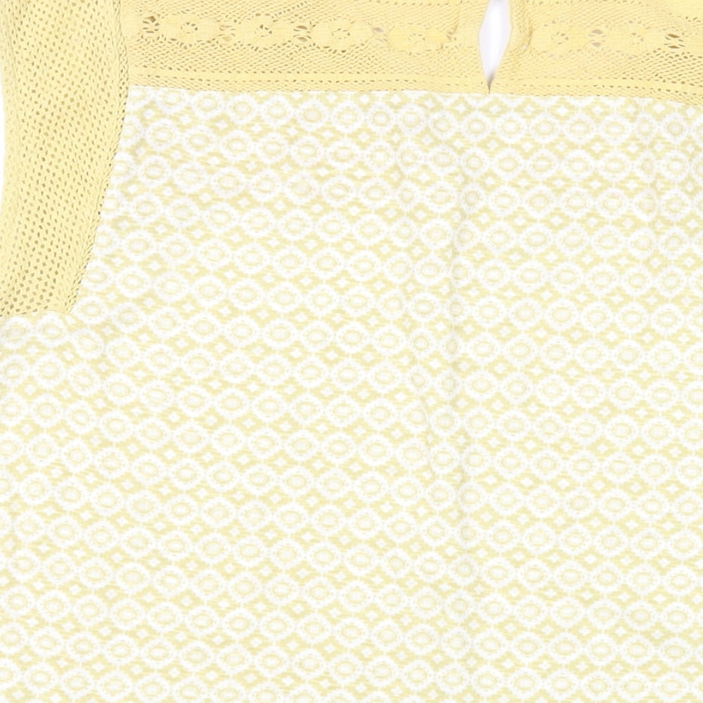 Marks & Spencer Womens Yellow Geometric Cotton Basic Blouse Size 14 Round Neck - Crochet Detail