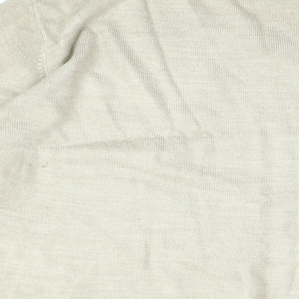Brand and care label for Easy men’s beige v-neck acrylic jumper, size M, long sleeve