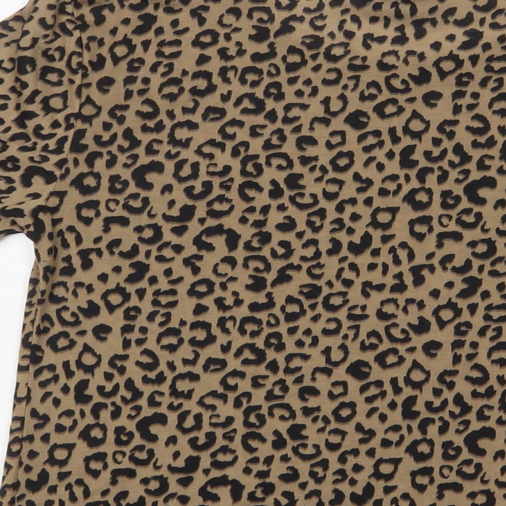Marks & Spencer Womens Brown Animal Print Polyester Basic T-Shirt Size 8 Crew Neck