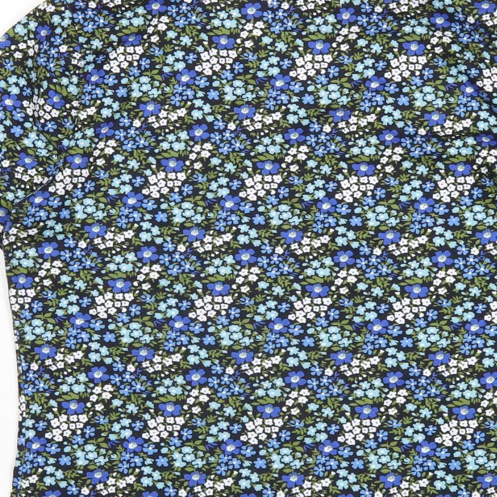 By Clara Womens Blue Floral Polyester Basic T-Shirt Size S V-Neck