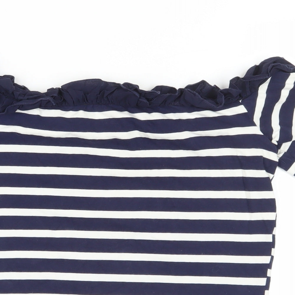 Dorothy Perkins Womens Blue Striped Cotton Basic T-Shirt Size 8 Off the Shoulder - Ruffle